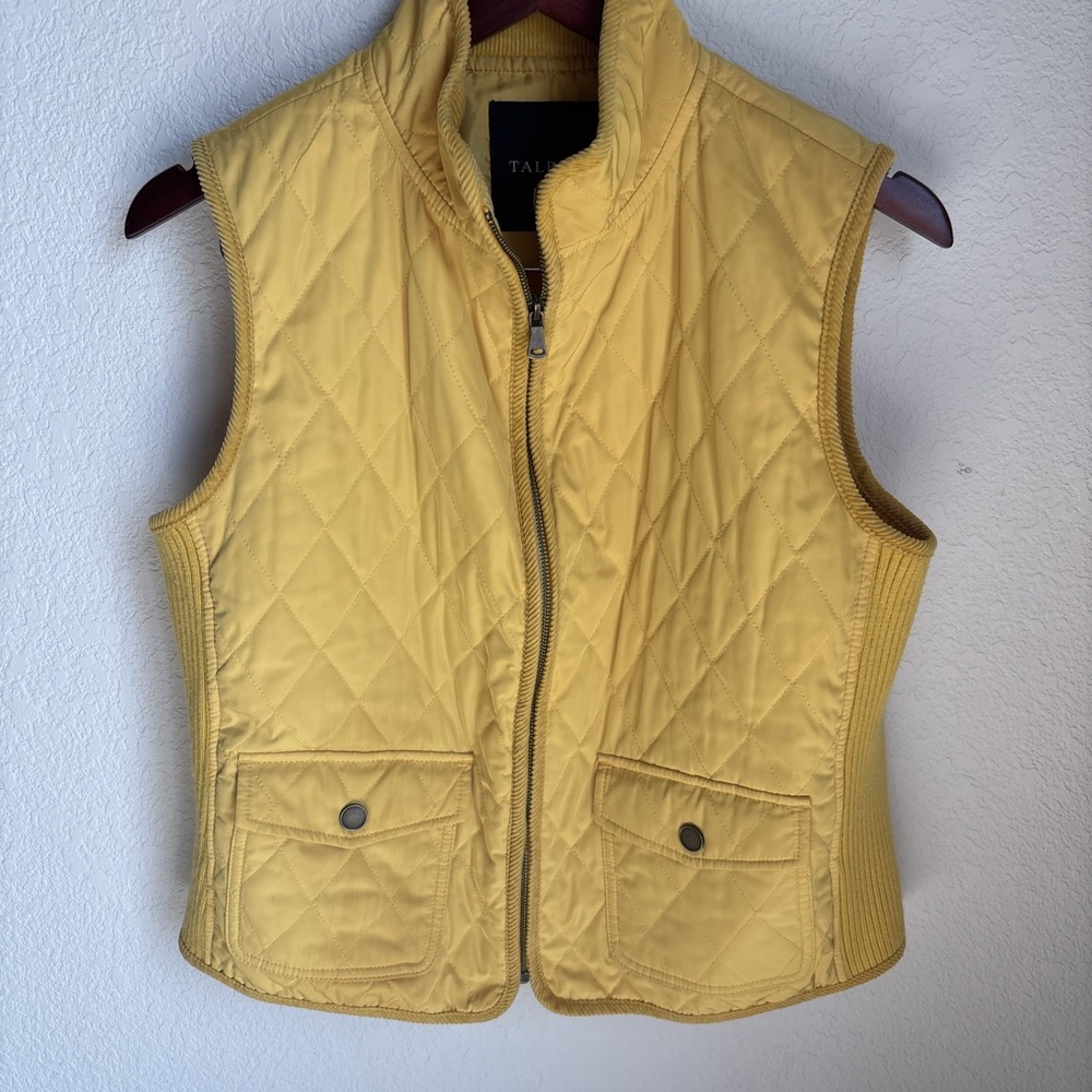Talbots Women Vest Mustard Diamond Quilted Lined Side Stretch Panels Zip, Med